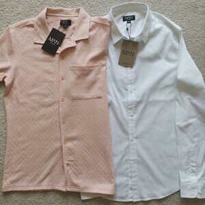 TWO (2) BooHoo Button Down Shirts - Long Sleeve Slim & Short Sleeve Jacquard NWT